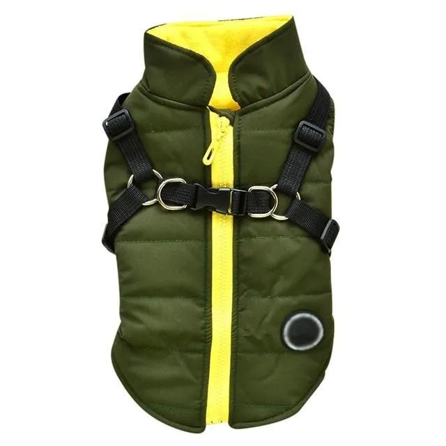 Dog zipper jacket with front zipper and leash harness opening in black