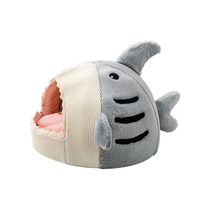 Warm shark cat kennel in blue, semi-closed yurt style, with beige stripe rabbit hair fabric, shown on floor