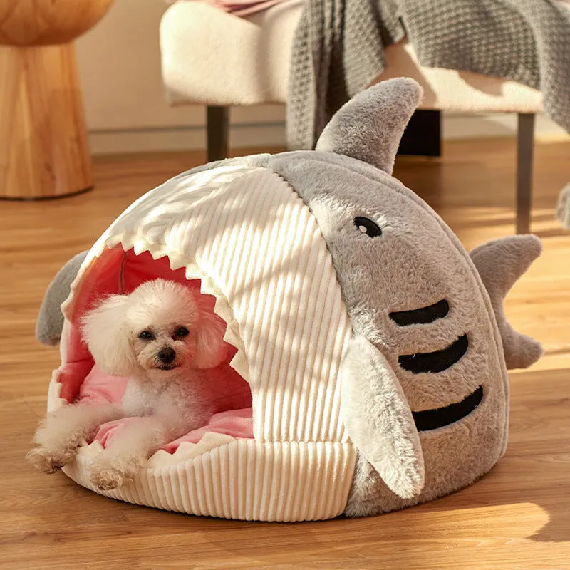 Warm shark cat kennel in blue, semi-closed yurt style, with beige stripe rabbit hair fabric, shown on floor
