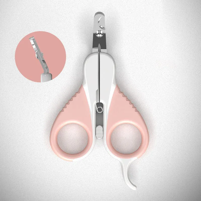 Grey and pink cat nail clippers with curved safety blade and ergonomic rubberised handles