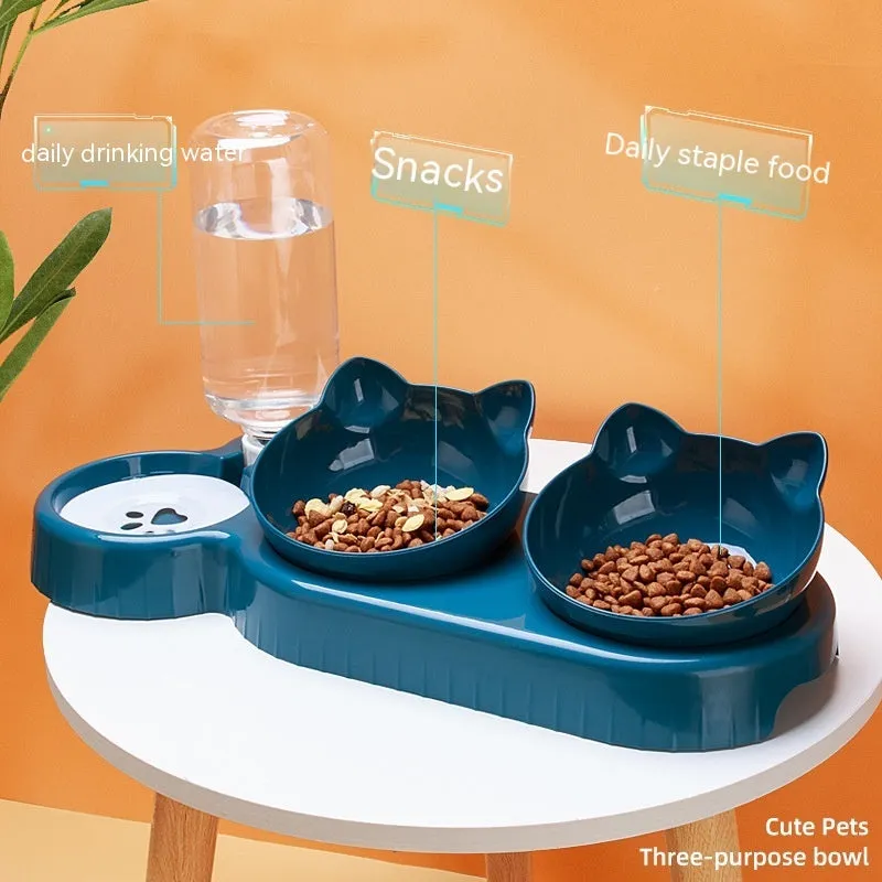 Plastic double bowl anti roll pet product for cats with anti-skid base, dark blue colour option