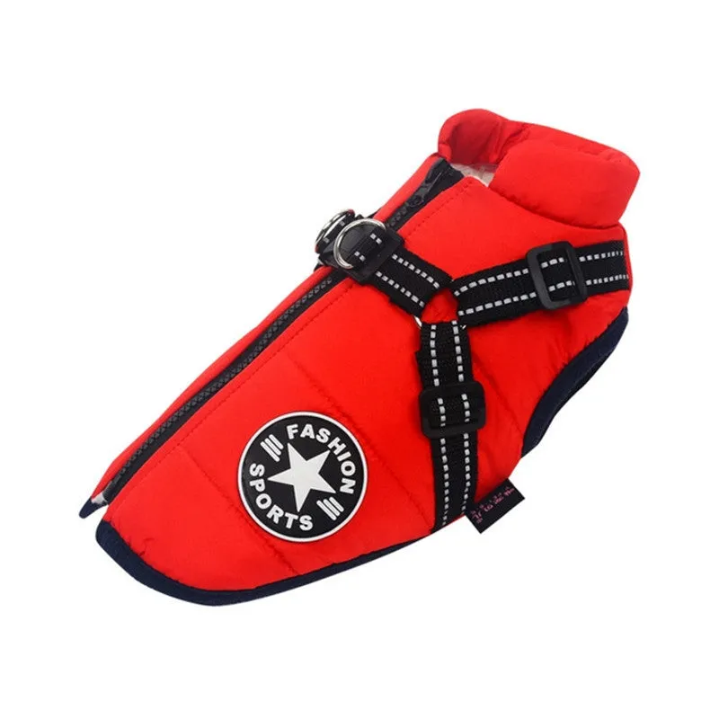 Large pet dog jacket in waterproof fabric with reflective strap and resin zipper front view