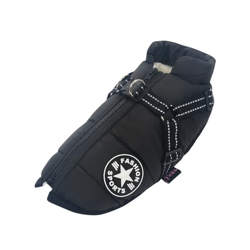 Large pet dog jacket in waterproof fabric with reflective strap and resin zipper front view