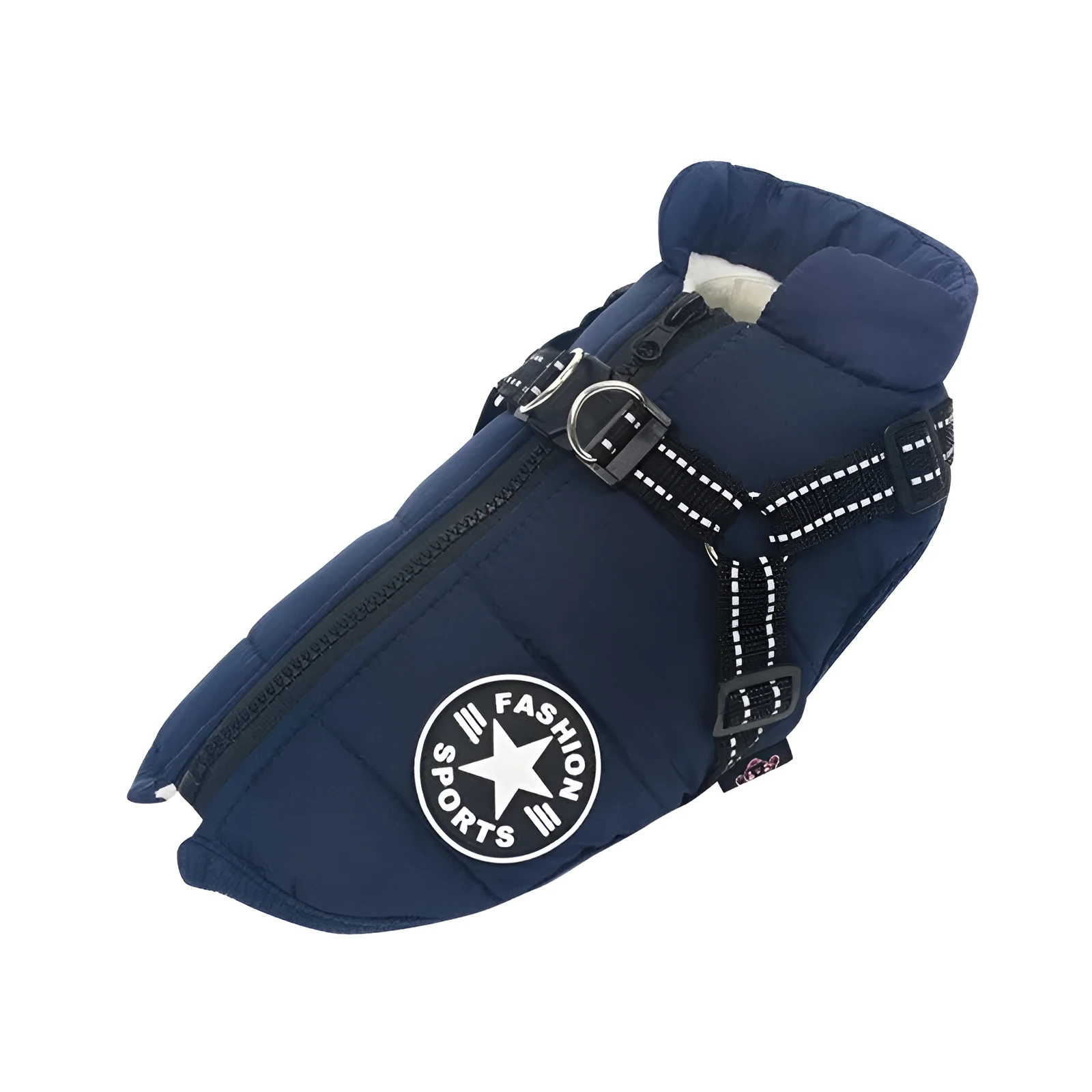 Large pet dog jacket in waterproof fabric with reflective strap and resin zipper front view