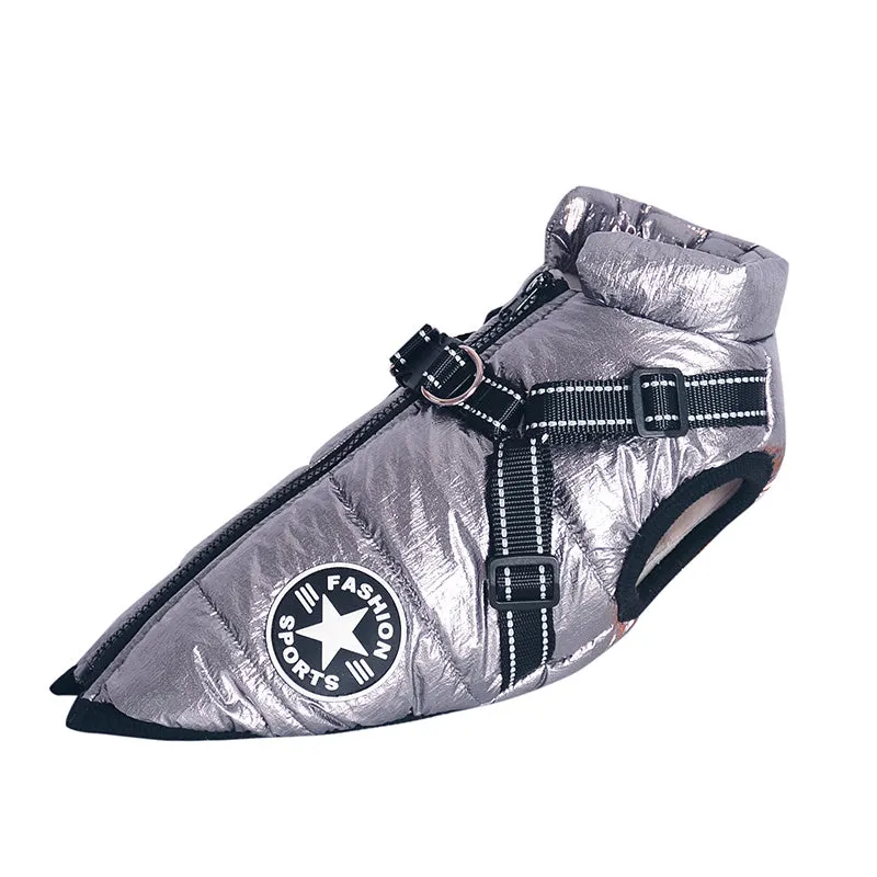 Large pet dog jacket in waterproof fabric with reflective strap and resin zipper front view