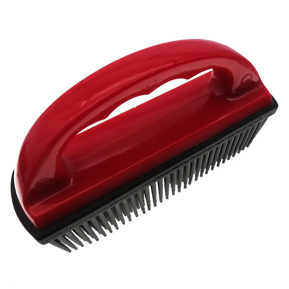Red pet hair removal brush for grooming and carpet cleaning measuring 160mm by 85mm