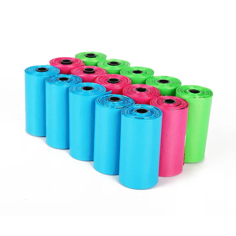 Degradable poop picking up bags for dogs, thicker 0.015mm epi material, blue green pink colours, continuous roll