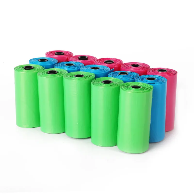 Degradable poop picking up bags for dogs, thicker 0.015mm epi material, blue green pink colours, continuous roll