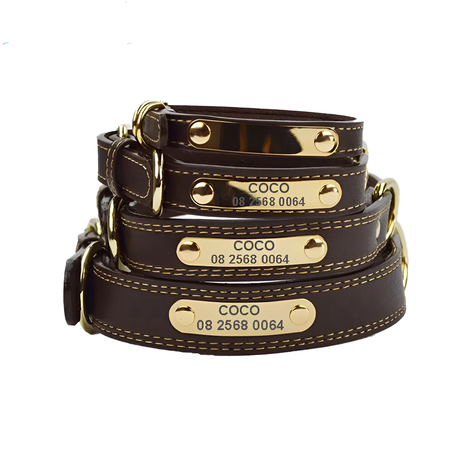 Genuine leather dog collar with engraved nameplate in brown on a wooden background