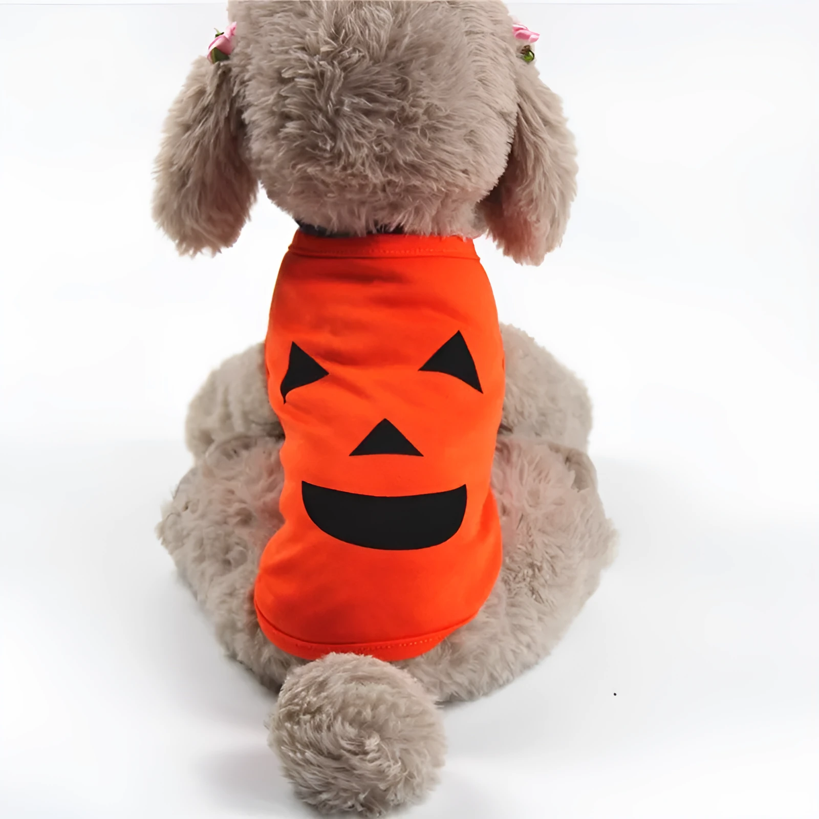 Orange Halloween pet pumpkin costume shirt for cats and small dogs with Grimace style pattern
