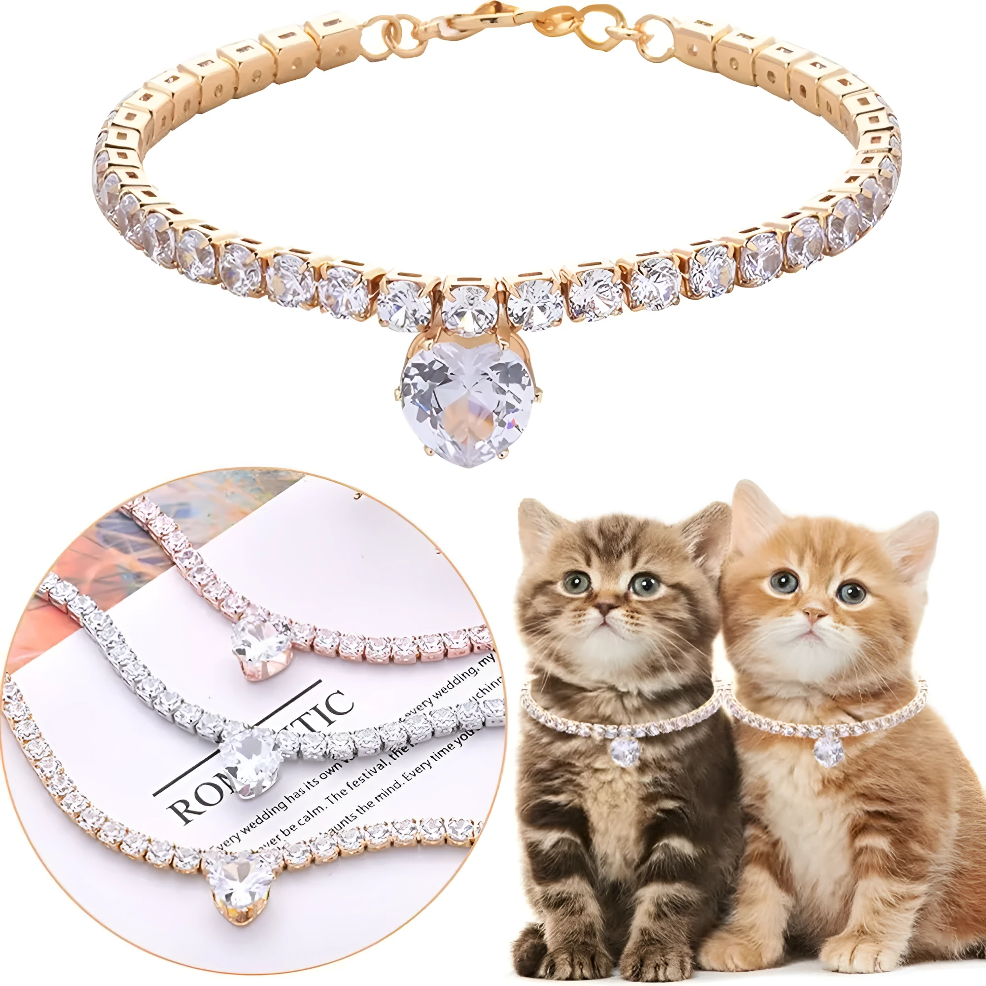Shiny rhinestone heart-shaped collar for dog or cat in gold, on a size chart showing S, M, L measurements.