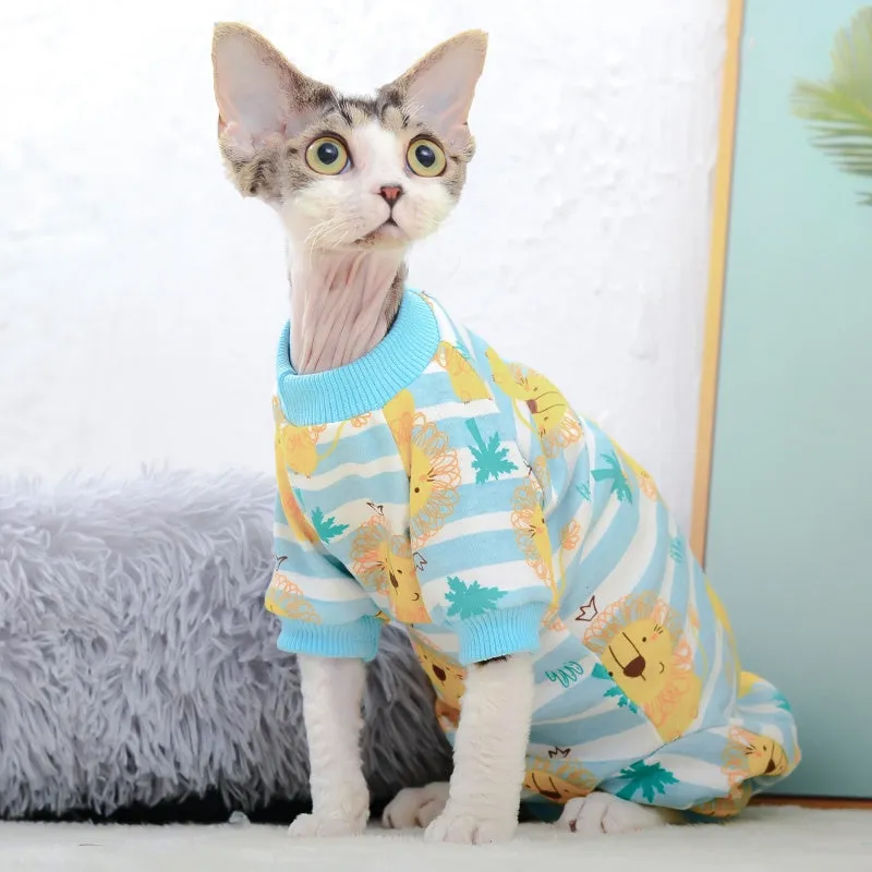 Cotton hairless cat bottoming clothing with lion print, two-legged design, on a light background