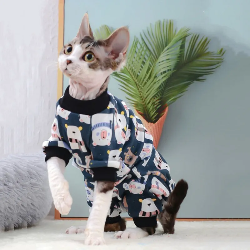 Cotton hairless cat bottoming clothing with lion print, two-legged design, on a light background