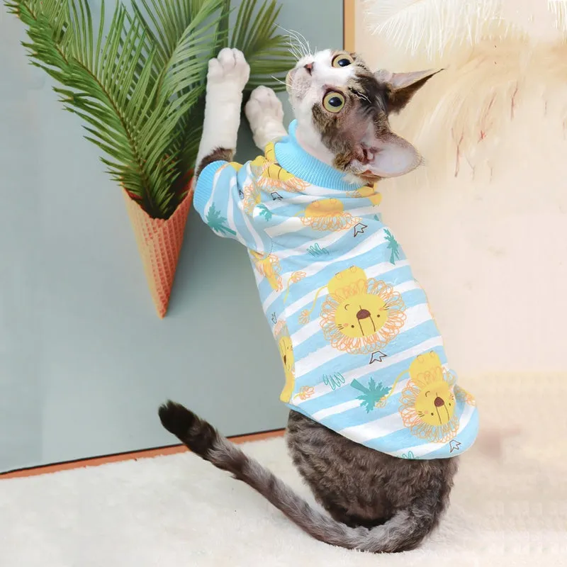 Cotton hairless cat bottoming clothing with lion print, two-legged design, on a light background