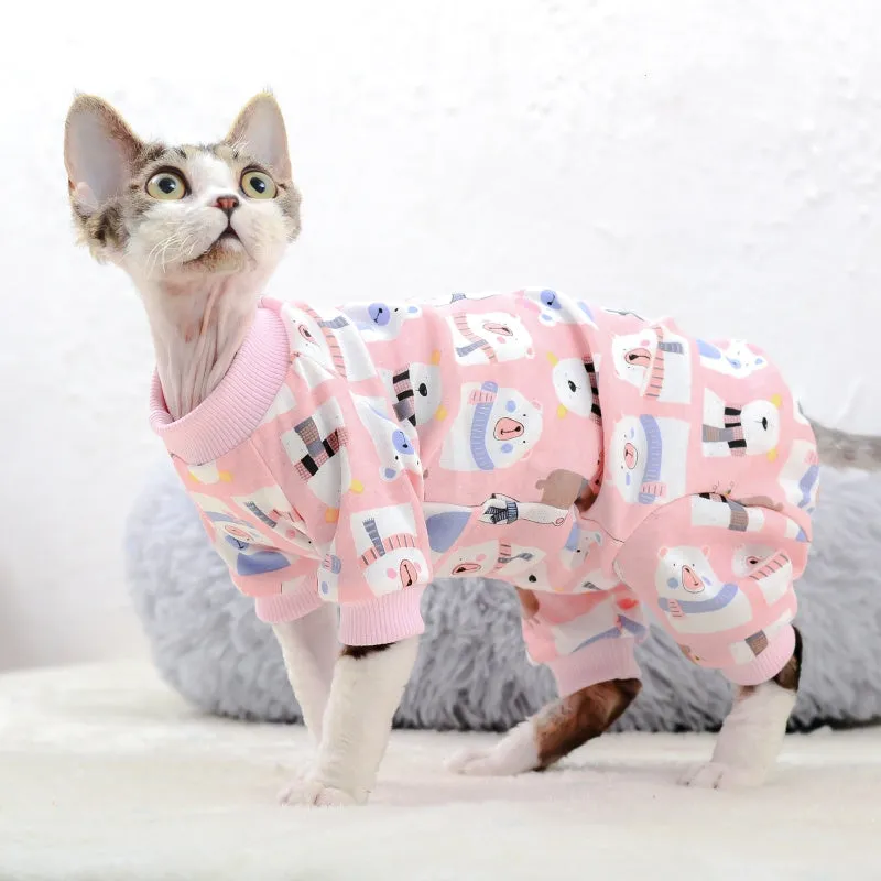 Cotton hairless cat bottoming clothing with lion print, two-legged design, on a light background
