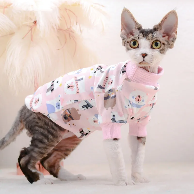 Cotton hairless cat bottoming clothing with lion print, two-legged design, on a light background