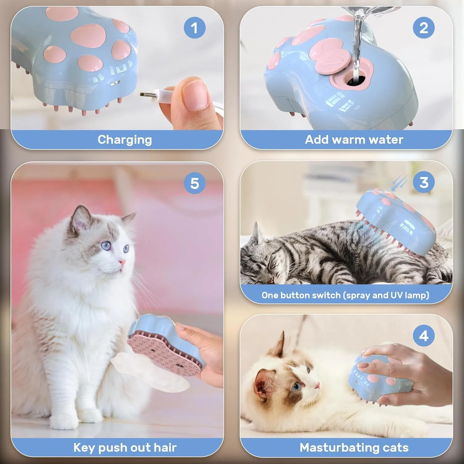 Blue self-cleaning cat steam brush with silicone bristles and release button for pet grooming