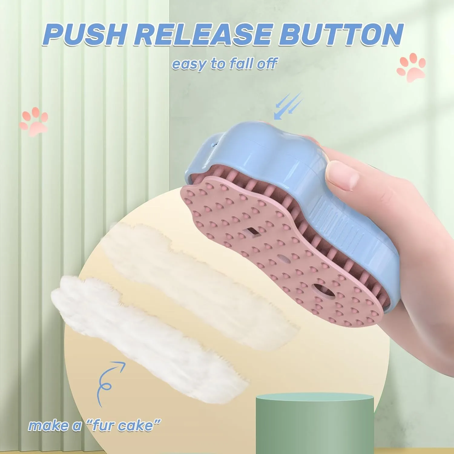 Blue self-cleaning cat steam brush with silicone bristles and release button for pet grooming