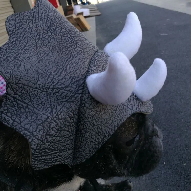 Grey cloth pet triceratops dinosaur hat for dogs and cats, one size.