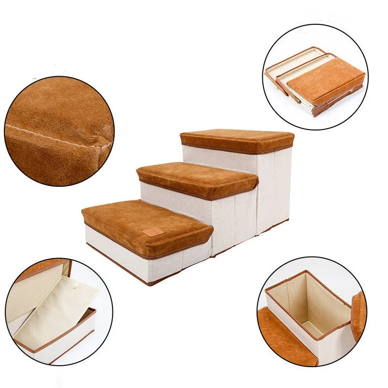 Foldable pet dog stairs in brown flannel and cotton with a cloth storage box underneath