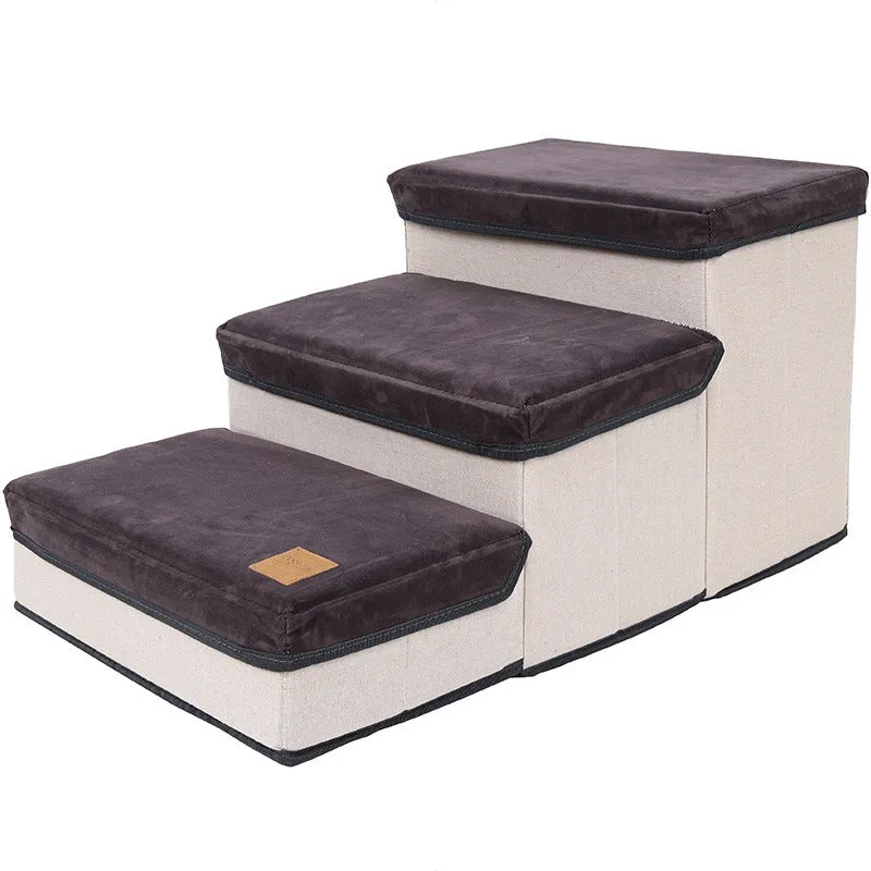 Foldable pet dog stairs in brown flannel and cotton with a cloth storage box underneath