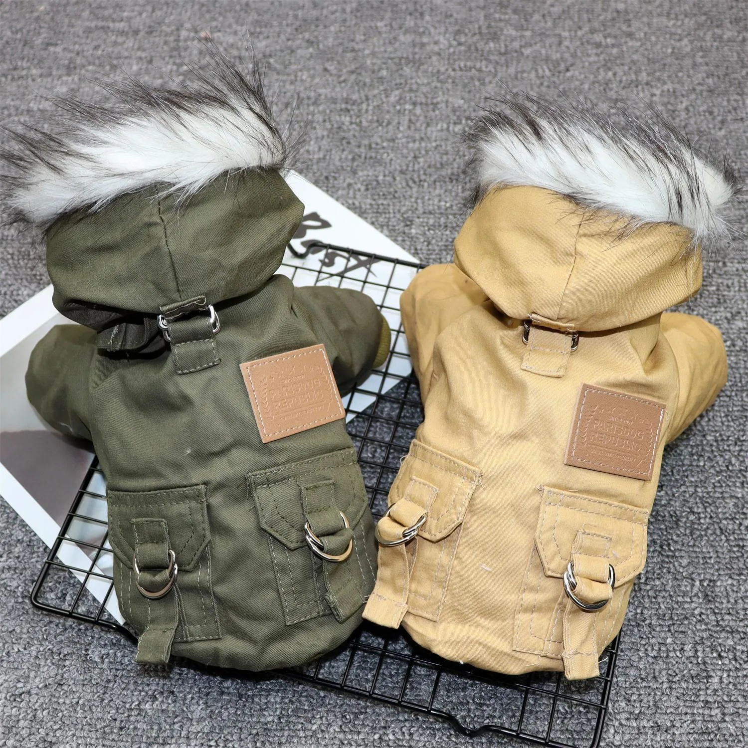 Padded cotton dog coat for small dogs in army green, quilted plain pattern