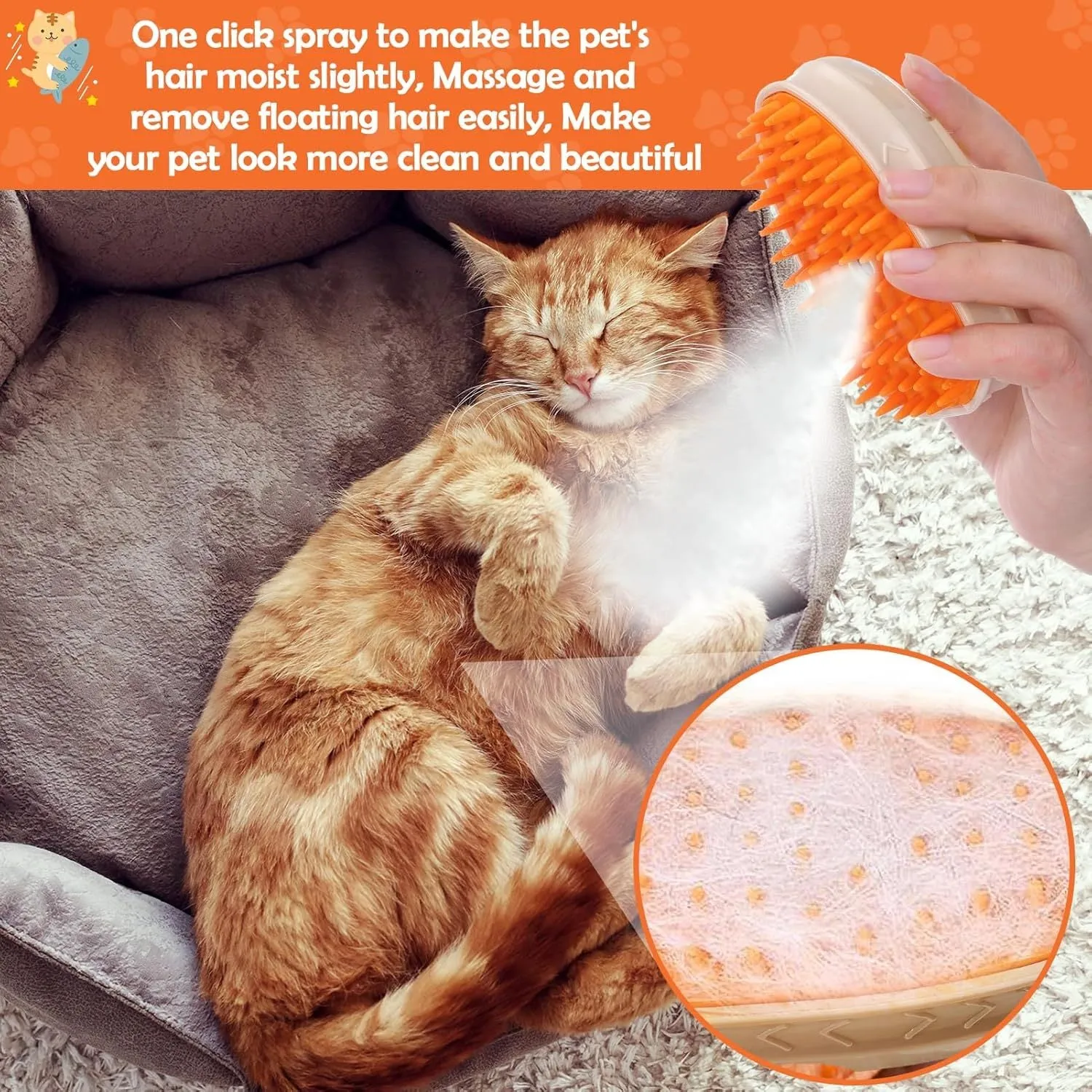 Yellow 4-in-1 cat steam brush with silicone bristles, water tank, and ringworm detector lamp for pet grooming.