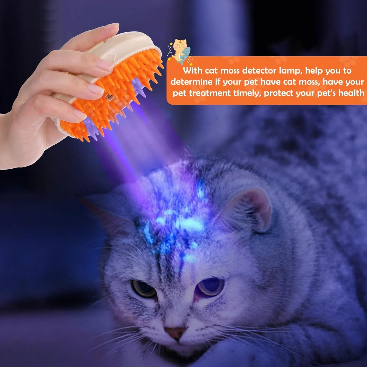 Yellow 4-in-1 cat steam brush with silicone bristles, water tank, and ringworm detector lamp for pet grooming.