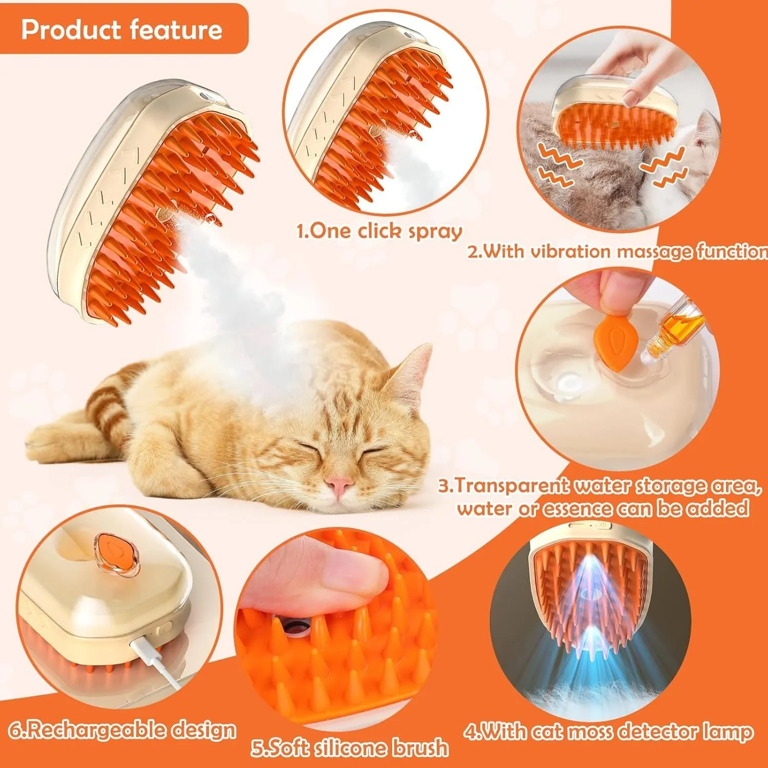 Yellow 4-in-1 cat steam brush with silicone bristles, water tank, and ringworm detector lamp for pet grooming.