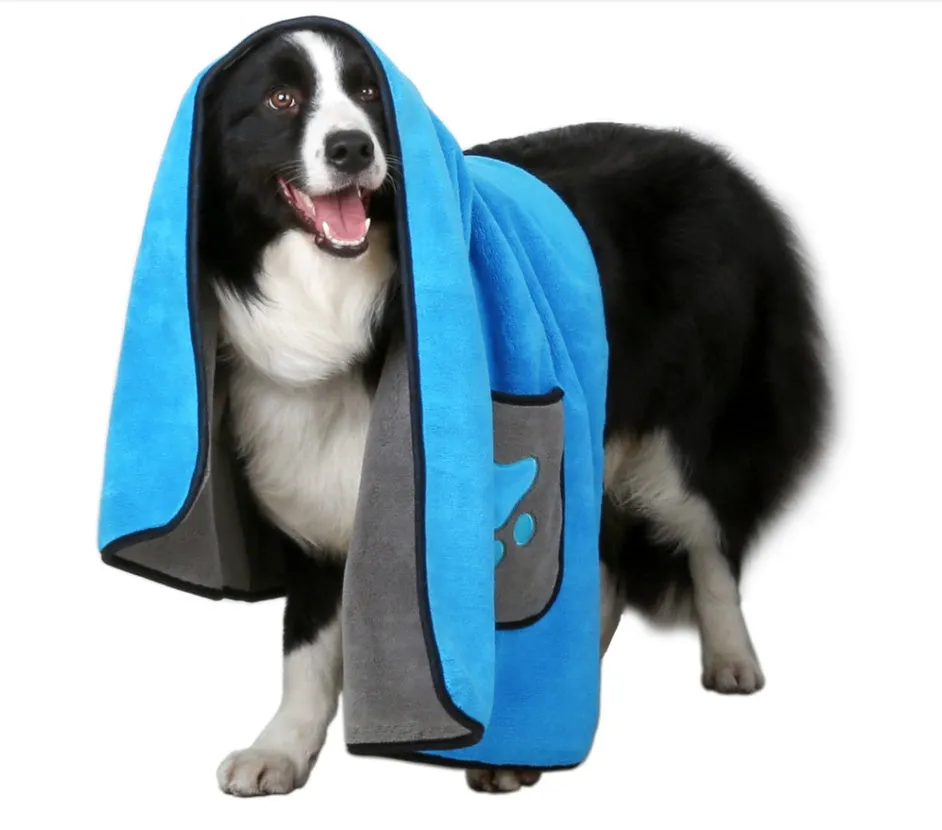 Blue pet bath towel made from 800g superfine absorbent fiber for fast drying dogs and cats