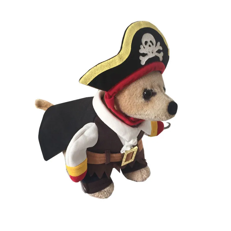 Black pirate dog costume made from cotton, available in sizes XS to XL for Halloween dress up.