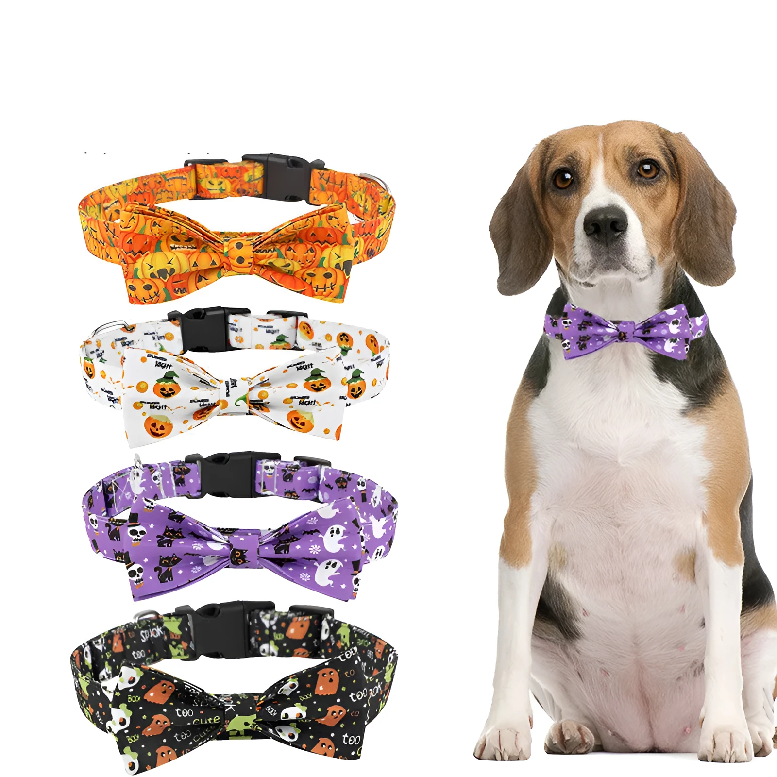 Adjustable polyester dog collar with cartoon pattern in black, purple, white, and yellow
