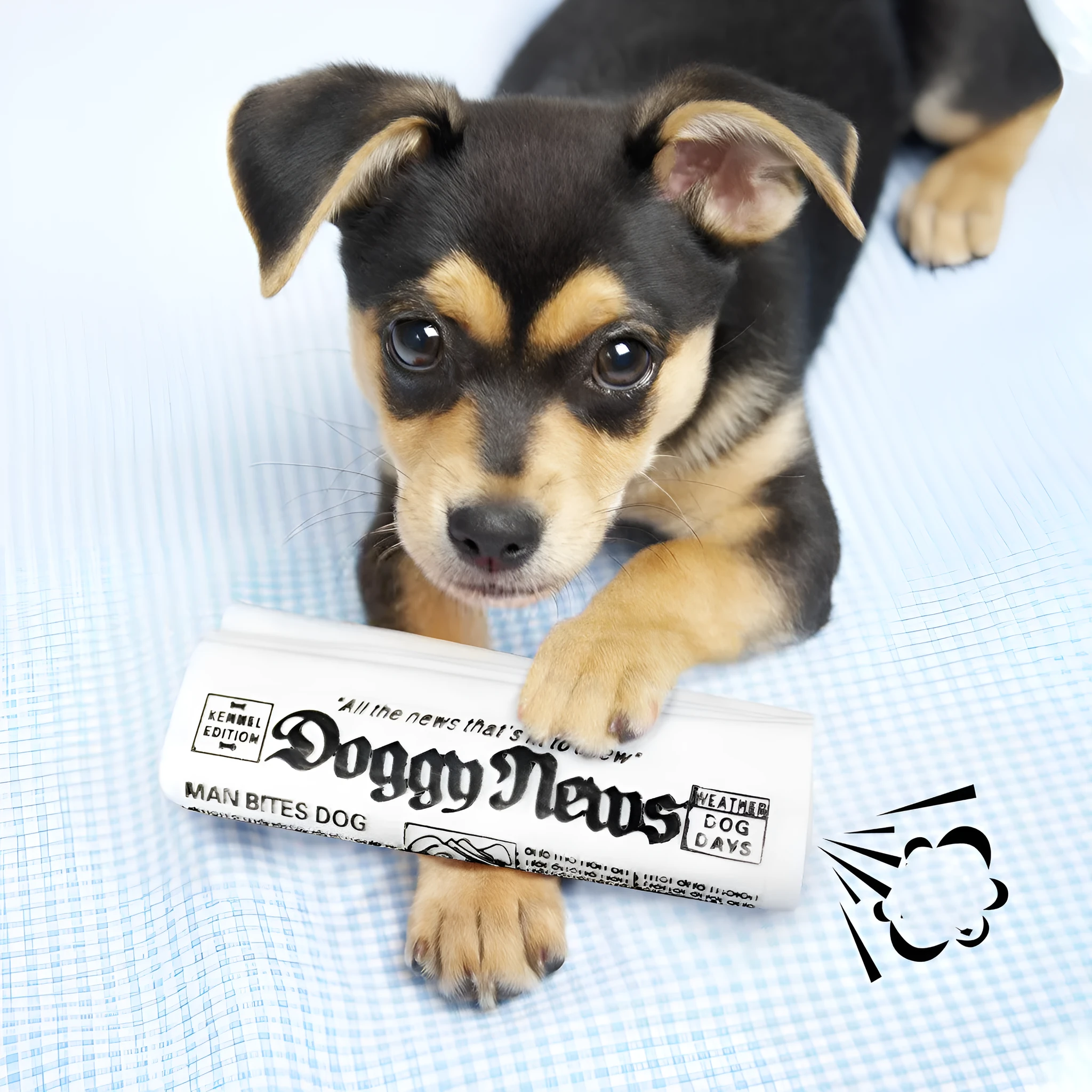 Squeaky black and white PVC dog toy shaped like a rolled newspaper on a surface