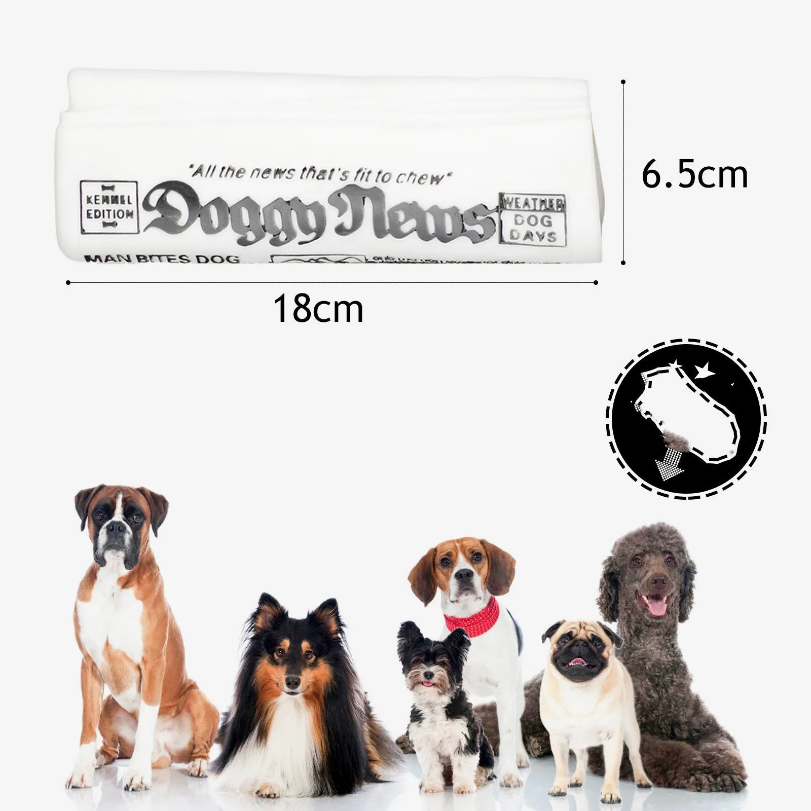 Squeaky black and white PVC dog toy shaped like a rolled newspaper on a surface