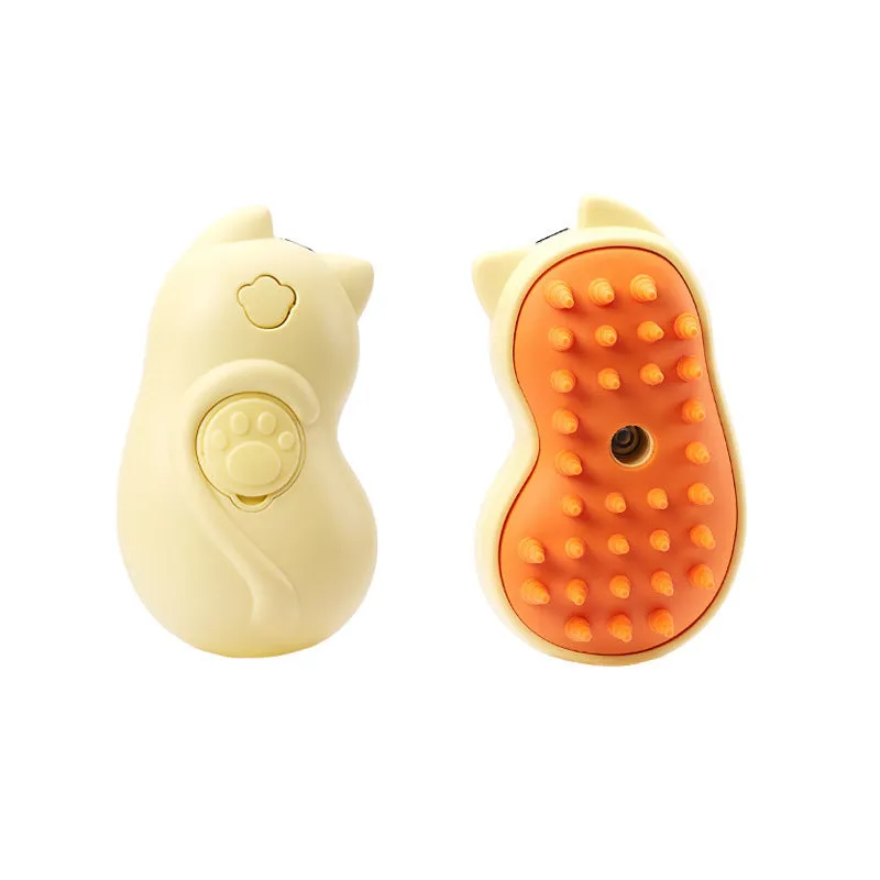 Handheld 3-in-1 steam pet grooming brush for cats and dogs on a white background.