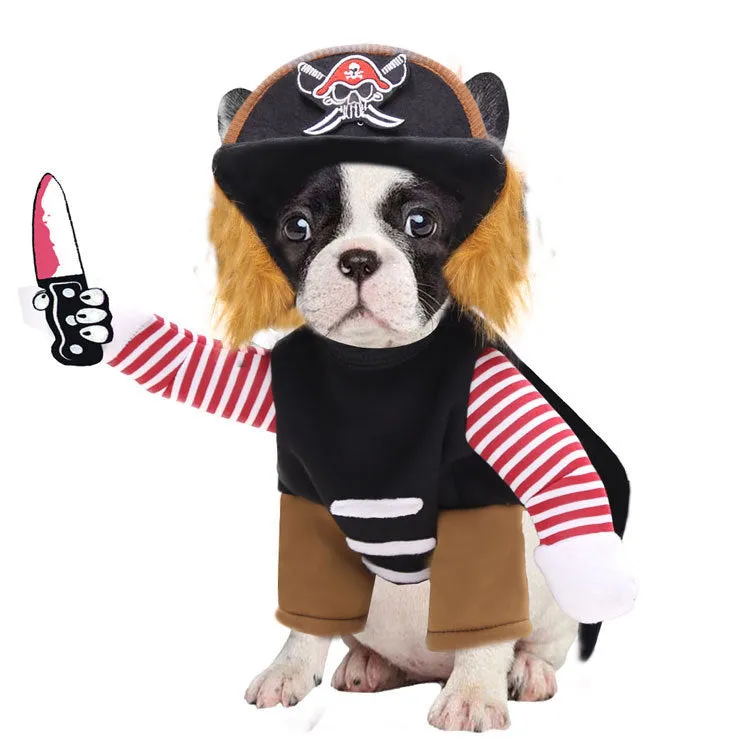 Pirate pet costume set for dogs and cats with matching hat on animal