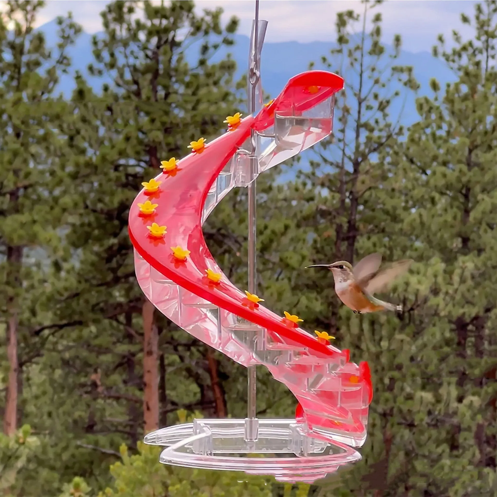 Plastic spiral climbing ladder hummingbird feeder in unilateral or bilateral configuration