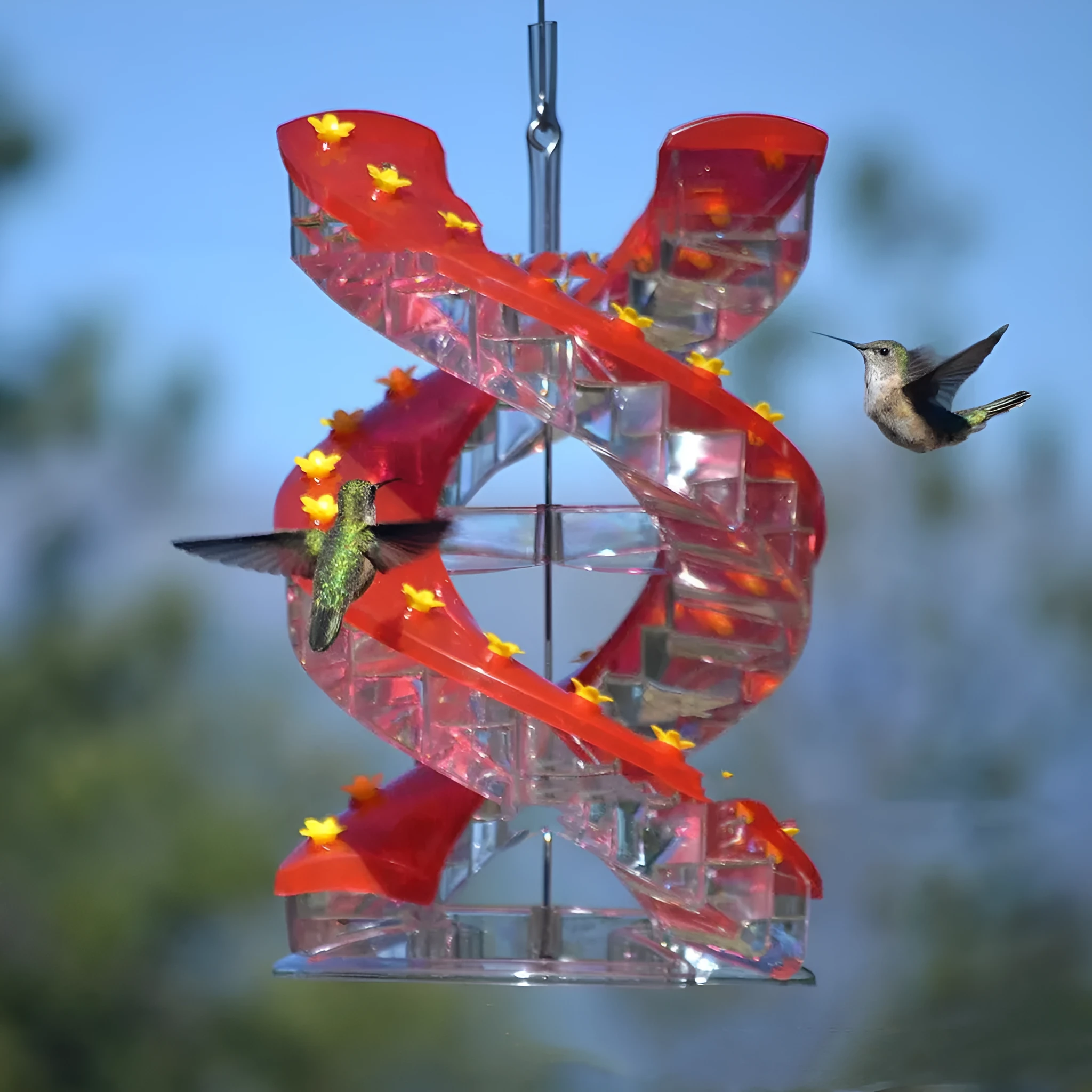 Plastic spiral climbing ladder hummingbird feeder in unilateral or bilateral configuration
