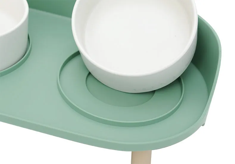 Ceramic cat double bowl in gray-green with raised design for cervical protection, new bone china construction