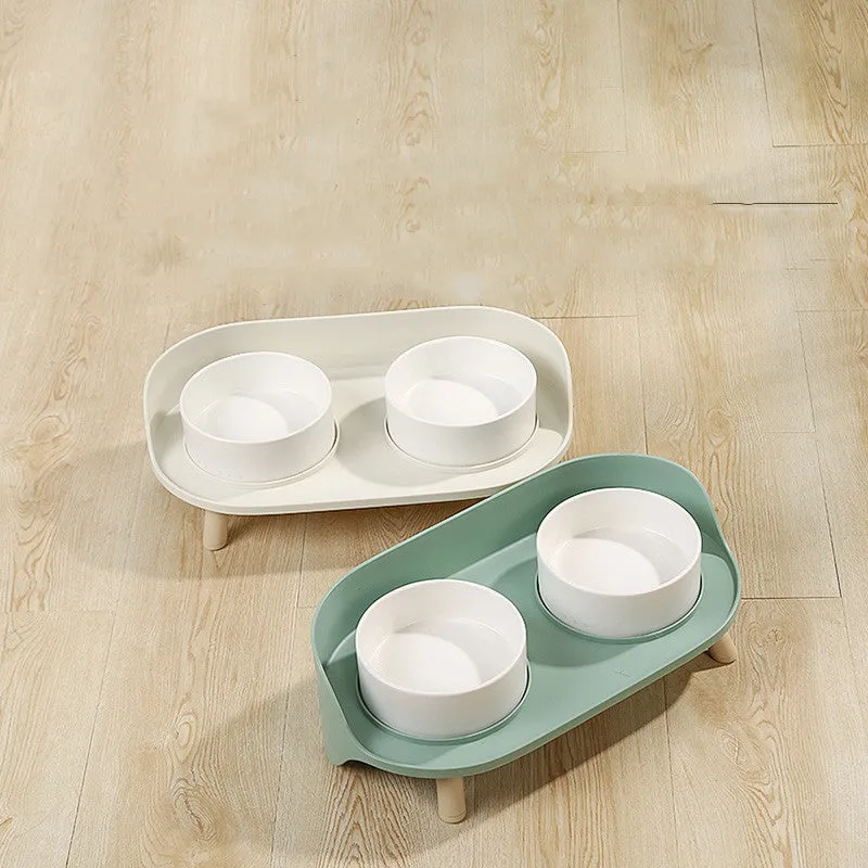 Ceramic cat double bowl in gray-green with raised design for cervical protection, new bone china construction