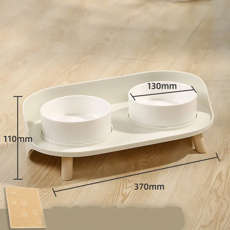 Ceramic cat double bowl in gray-green with raised design for cervical protection, new bone china construction