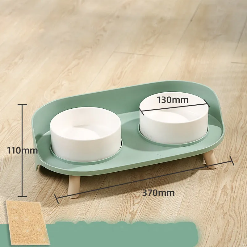 Ceramic cat double bowl in gray-green with raised design for cervical protection, new bone china construction
