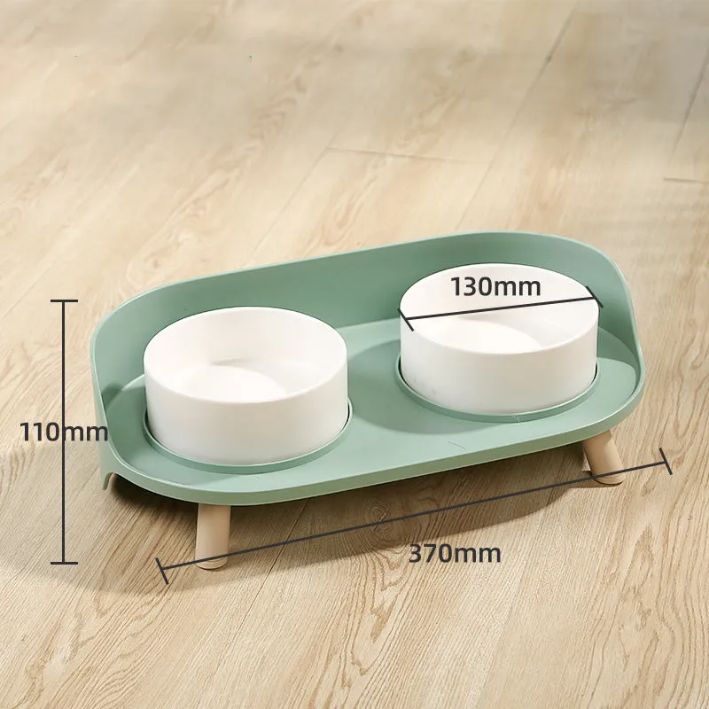 Ceramic cat double bowl in gray-green with raised design for cervical protection, new bone china construction