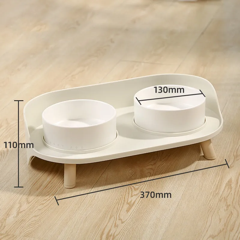 Ceramic cat double bowl in gray-green with raised design for cervical protection, new bone china construction