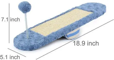 Royal blue cat seesaw toy with scratch board surface on a light background