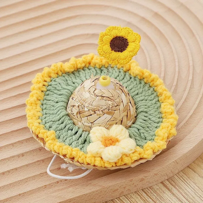 Pet cute hat decorative puppy cap made of mixed cloth and grass in small flower style on small dog