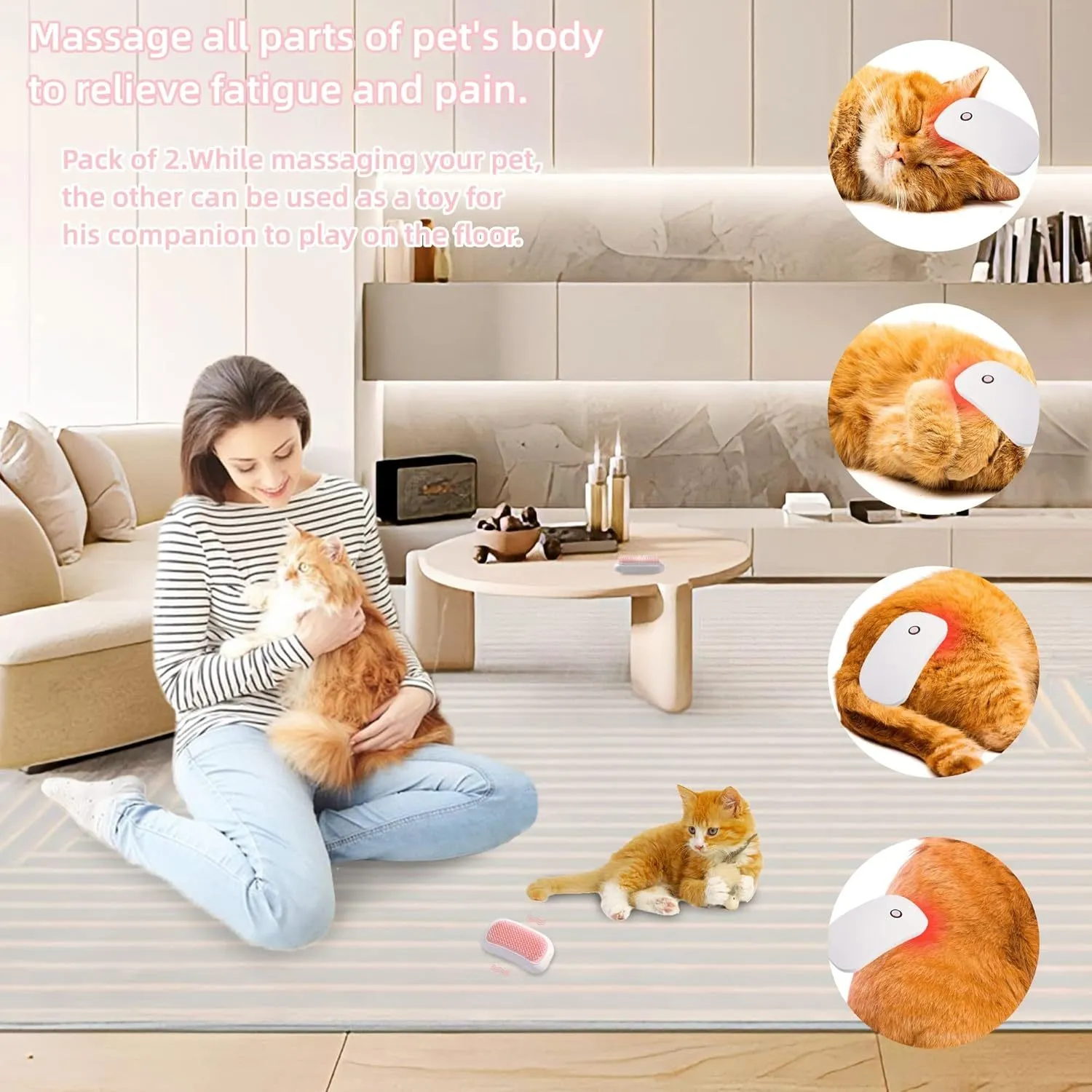 Pink handheld electric pet grooming brush with soft TPE teeth for cats and dogs.