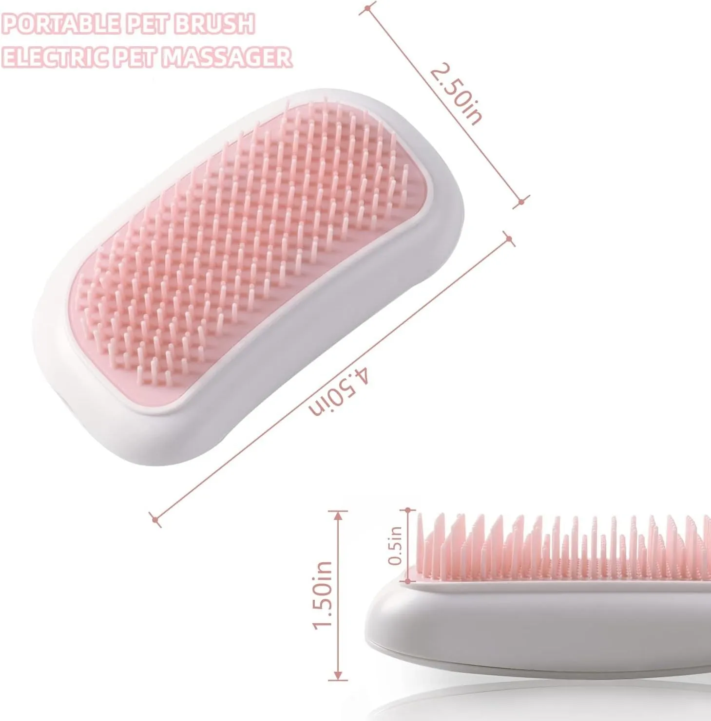 Pink handheld electric pet grooming brush with soft TPE teeth for cats and dogs.
