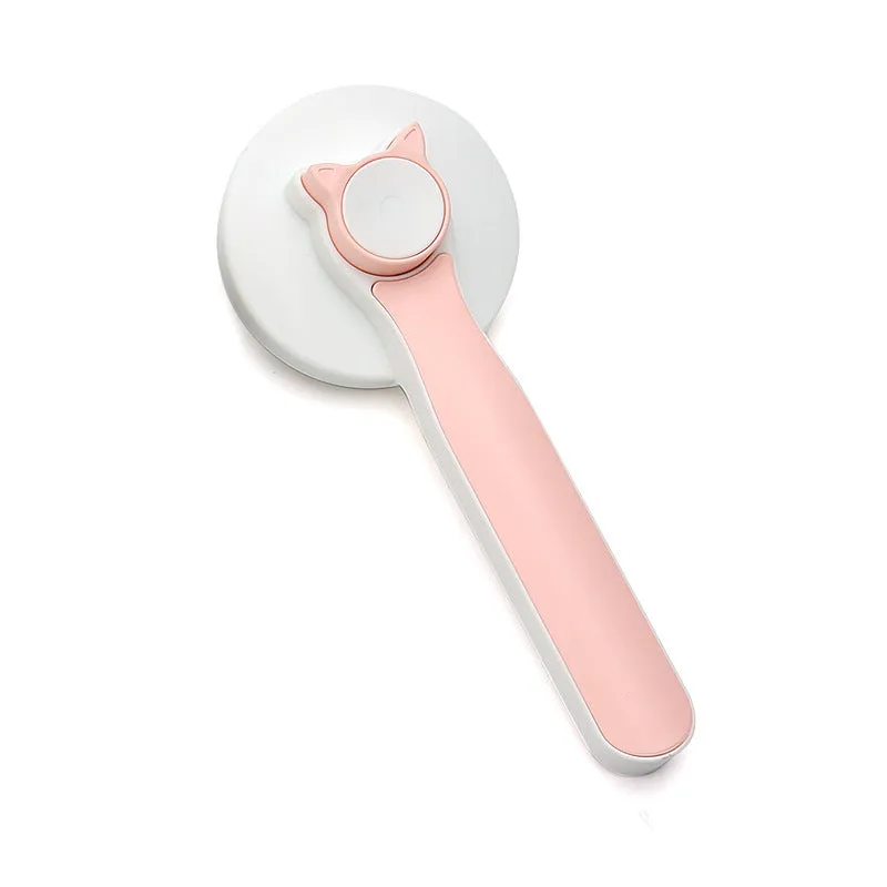 Blue self-cleaning slicker brush for dogs and cats with rubber handle and stainless steel pins.