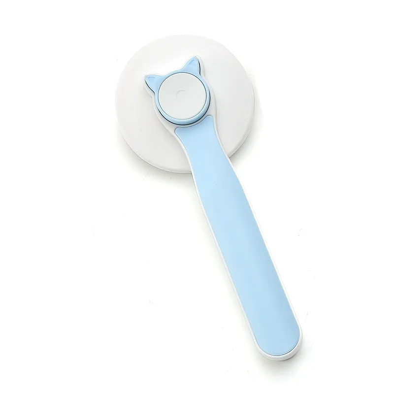 Blue self-cleaning slicker brush for dogs and cats with rubber handle and stainless steel pins.